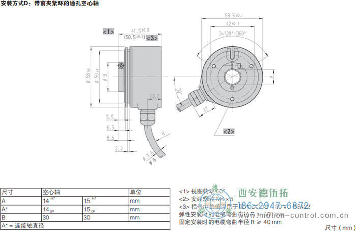 RI58-G/RI58-TG空心轴光电增量通用编码器的外形及安装尺寸(安装方式D：带前夹紧环的通孔空心轴) - 西安德伍拓自动化传动系统有限公司